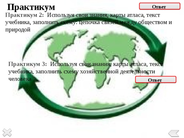 Практикум Ответ  Практикум 2: Используя свои знания, карты атласа, текст учебника, заполнить схему: цепочка связей между обществом и природой  Практикум 3: Используя свои знания, карты атласа, текст учебника, заполнить схему хозяйственной деятельности человека Ответ   