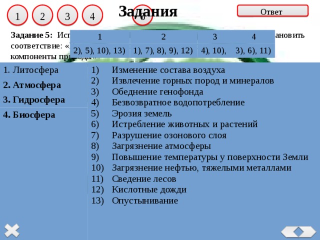 Задания Ответ  2 3 4 1 6 Задание 5: Используя свои знания, карты атласа, текст учебника, установить соответствие: «Влияние хозяйственной деятельности человека на компоненты природы» 1 2 2), 5), 10), 13) 1), 7), 8), 9), 12) 3 4 4), 10), 3), 6), 11) 1. Литосфера 2. Атмосфера  Изменение состава воздуха  Извлечение горных пород и минералов  Обеднение генофонда  Безвозвратное водопотребление  Эрозия земель  Истребление животных и растений  Разрушение озонового слоя  Загрязнение атмосферы  Повышение температуры у поверхности Земли  Загрязнение нефтью, тяжелыми металлами  Сведение лесов  Кислотные дожди  Опустынивание 3. Гидросфера 4. Биосфера  