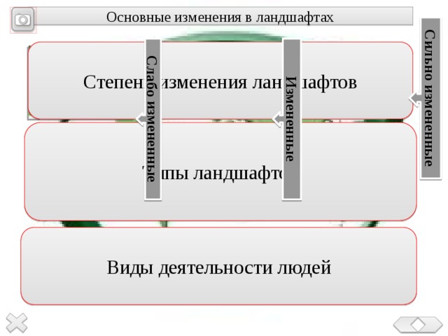 Слабо измененные Измененные Сильно измененные Основные изменения в ландшафтах Степень изменения ландшафтов Типы ландшафтов Виды деятельности людей 