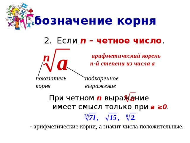 Обозначение корня Если n – четное число .  При четном n выражение имеет смысл только при а ≥0 .  арифметический корень n-й степени из числа а  подкоренное показатель выражение корня - арифметические корни, а значит числа положительные. 