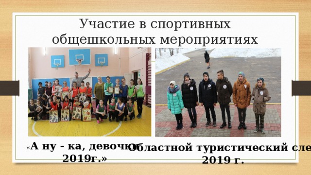 Участие в спортивных общешкольных мероприятиях « А ну - ка, девочки 2019г.» Областной туристический слет 2019 г. 