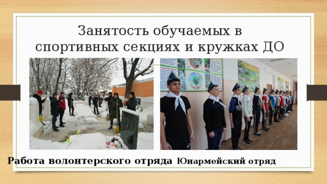 Занятость обучаемых в спортивных секциях и кружках ДО Работа волонтерского отряда Юнармейский отряд 