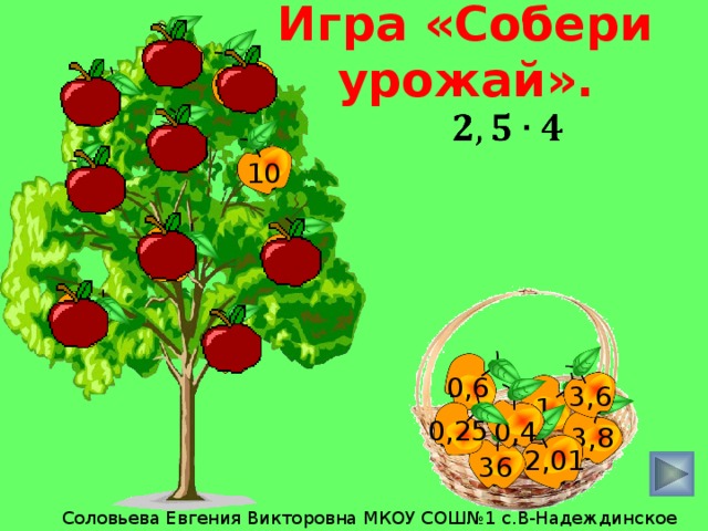 Игра «Собери урожай». 15 2,1 0,25    0,36 10 5,6 0,8 3,9 1 0,4 0,6 3,6 1 0,25 0,4 3,8 2,01 36 