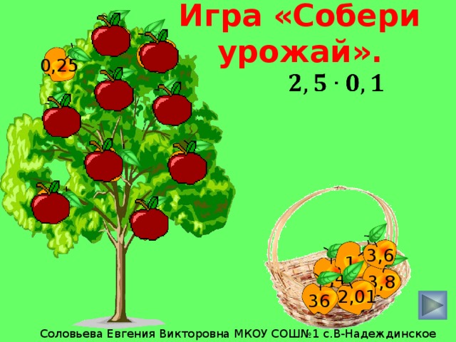 Игра «Собери урожай». 15 2,1 0,25    0,36 10 5,6 0,6 3,9 1 0,4 3,6 1 0,4 3,8 2,01 36 