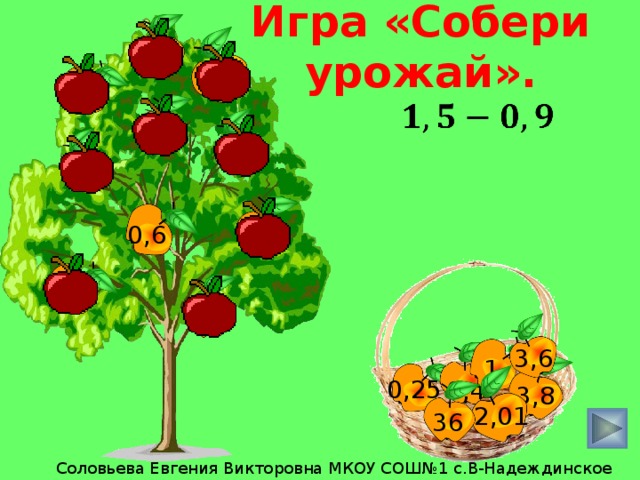 Игра «Собери урожай». 15 2,1 0,25    0,36 10 5,6 0,6 3,9 1 0,4 3,6 1 0,25 0,4 3,8 2,01 36 