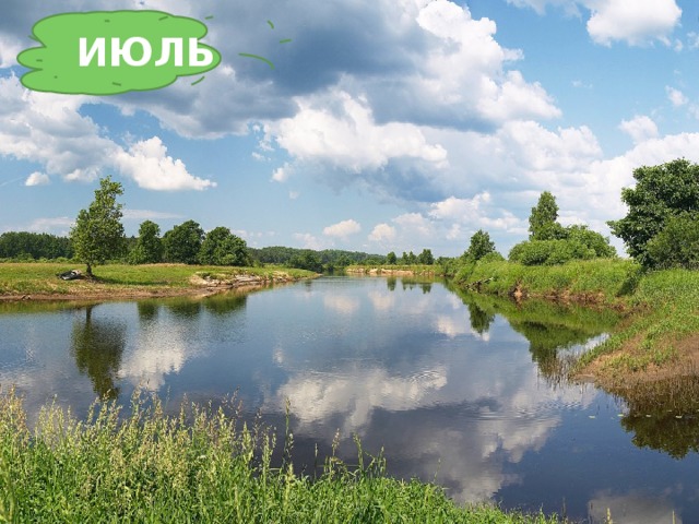 ИЮЛЬ Жаркий, знойный, душный день, Даже куры ищут тень. Началась косьба хлебов, Время ягод и грибов. Дни его – вершина лета. Что, скажи, за месяц это? 