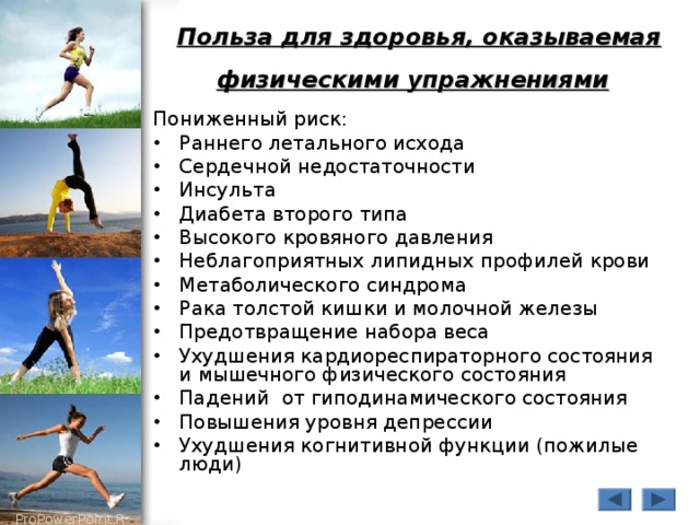 Польза для здоровья, оказываемая физическими упражнениями  Пониженный риск: Раннего летального исхода Сердечной недостаточности Инсульта Диабета второго типа Высокого кровяного давления Неблагоприятных липидных профилей крови Метаболического синдрома Рака толстой кишки и молочной железы Предотвращение набора веса Ухудшения кардиореспираторного состояния и мышечного физического состояния Падений от гиподинамического состояния Повышения уровня депрессии Ухудшения когнитивной функции (пожилые люди) 