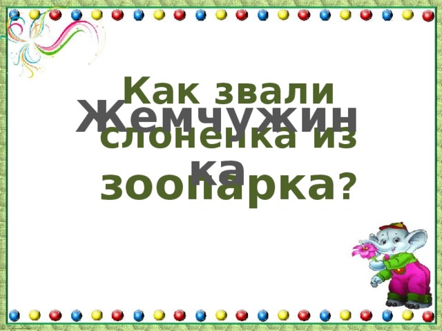 Как звали слоненка из зоопарка ? Жемчужинка 