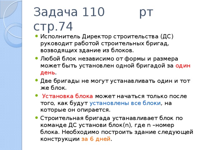 Задача 110 рт стр.74 Исполнитель Директор строительства (ДС) руководит работой строительных бригад, возводящих здание из блоков. Любой блок независимо от формы и размера может быть установлен одной бригадой за один день . Две бригады не могут устанавливать один и тот же блок.  Установка блока может начаться только после того, как будут установлены все блоки , на которые он опирается. Строительная бригада устанавливает блок по команде ДС установи блок(n), где n –номер блока. Необходимо построить здание следующей конструкции за 6 дней . 
