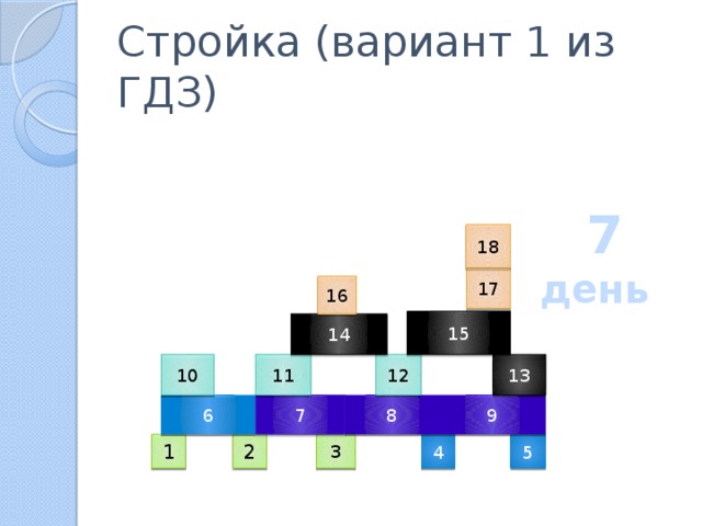 Стройка (вариант 1 из ГДЗ)  7 день 18 17 16 15 14 10 12 13 11 9 8 7 6 4 2 1 5 3 