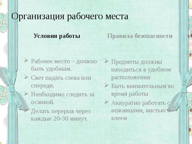 Организация рабочего места Условия работы Правила безопасности Рабочее место – должно быть удобным. Свет падать слева или спереди. Необходимо следить за осанкой. Делать перерыв через каждые 20-30 минут. Предметы должны находиться в удобном расположении Быть внимательным во время работы Аккуратно работать с ножницами, кистью и клеем 