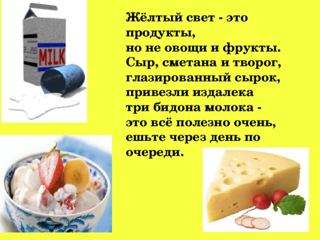 Жёлтый свет - это продукты, но не овощи и фрукты. Сыр, сметана и творог, глазированный сырок, привезли издалека три бидона молока - это всё полезно очень, ешьте через день по очереди. 