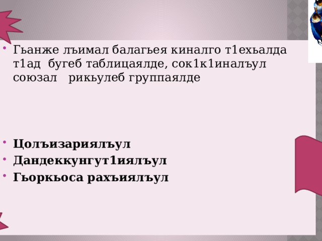  . Гьанже лъимал балагьея киналго т1ехьалда т1ад бугеб таблицаялде, сок1к1иналъул союзал рикьулеб группаялде Цолъизариялъул Дандеккунгут1иялъул Гьоркьоса рахъиялъул 