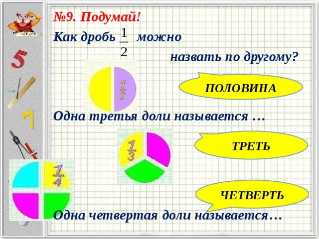 № 9. Подумай! Как дробь можно назвать по другому?   Одна третья доли называется …     Одна четвертая доли называется… ПОЛОВИНА ТРЕТЬ ЧЕТВЕРТЬ 