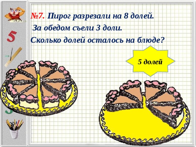 № 7. Пирог разрезали на 8 долей.  За обедом съели 3 доли. Сколько долей осталось на блюде? 5 долей 