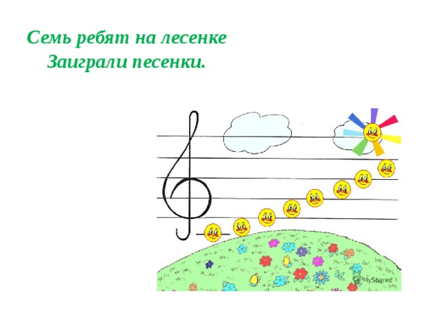 Семь ребят на лесенке Заиграли песенки. 
