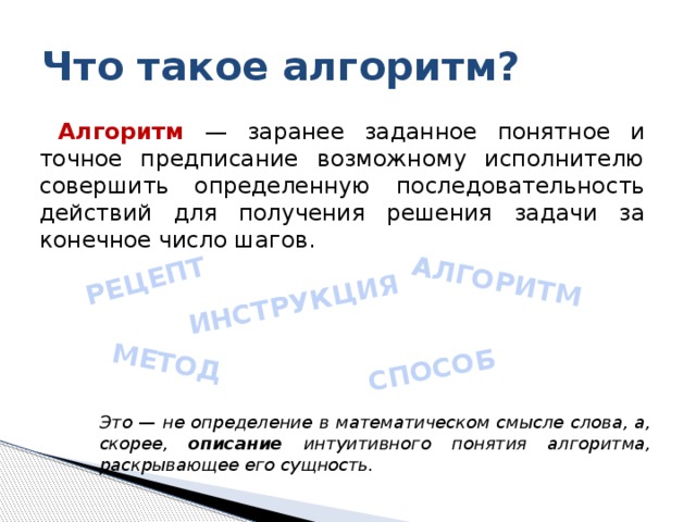 РЕЦЕПТ МЕТОД АЛГОРИТМ СПОСОБ ИНСТРУКЦИЯ Что такое алгоритм? Алгоритм — заранее заданное понятное и точное предписание возможному исполнителю совеpшить определенную последовательность действий для получения решения задачи за конечное число шагов. Это — не определение в математическом смысле слова, а, скорее, описание интуитивного понятия алгоритма, раскрывающее его сущность. 