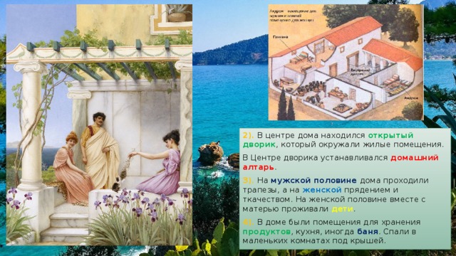 2). В центре дома находился открытый дворик , который окружали жилые помещения. В Центре дворика устанавливался домашний алтарь . 3). На мужской половине дома проходили трапезы, а на женской прядением и ткачеством. На женской половине вместе с матерью проживали дети . 4). В доме были помещения для хранения продуктов , кухня, иногда баня . Спали в маленьких комнатах под крышей. 