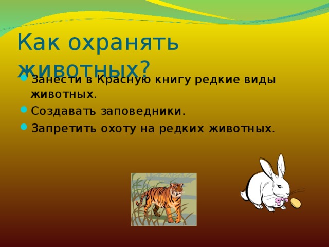 Как охранять животных? Занести в Красную книгу редкие виды животных. Создавать заповедники. Запретить охоту на редких животных. 