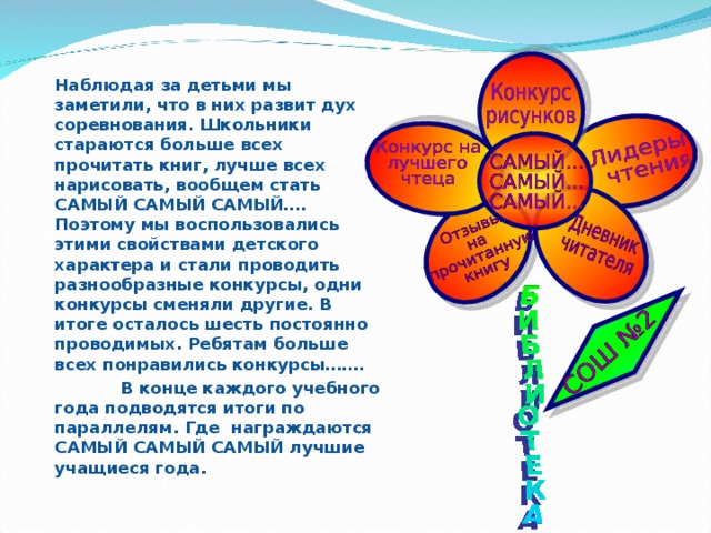 Наблюдая за детьми мы заметили, что в них развит дух соревнования. Школьники стараются больше всех прочитать книг, лучше всех нарисовать, вообщем стать САМЫЙ САМЫЙ САМЫЙ…. Поэтому мы воспользовались этими свойствами детского характера и стали проводить разнообразные конкурсы, одни конкурсы сменяли другие. В итоге осталось шесть постоянно проводимых. Ребятам больше всех понравились конкурсы…….  В конце каждого учебного года подводятся итоги по параллелям. Где награждаются САМЫЙ САМЫЙ САМЫЙ лучшие учащиеся года. 