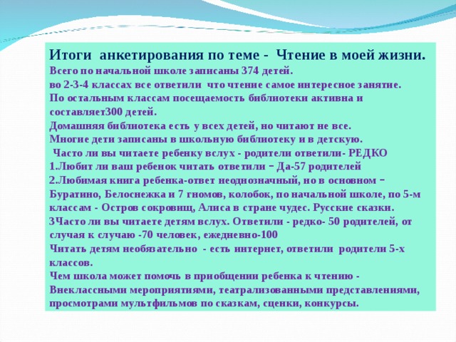 Итоги анкетирования по теме - Чтение в моей жизни. Всего по начальной школе записаны 374 детей. во 2-3-4 классах все ответили что чтение самое интересное занятие. По остальным классам посещаемость библиотеки активна и составляет300 детей. Домашняя библиотека есть у всех детей, но читают не все. Многие дети записаны в школьную библиотеку и в детскую.  Часто ли вы читаете ребенку вслух - родители ответили- РЕДКО 1.Любит ли ваш ребенок читать ответили – Да-57 родителей 2.Любимая книга ребенка-ответ неоднозначный, но в основном – Буратино, Белоснежка и 7 гномов, колобок, по начальной школе, по 5-м классам - Остров сокровищ, Алиса в стране чудес. Русские сказки. 3Часто ли вы читаете детям вслух. Ответили - редко- 50 родителей, от случая к случаю -70 человек, ежедневно-100 Читать детям необязательно - есть интернет, ответили родители 5-х классов. Чем школа может помочь в приобщении ребенка к чтению - Внеклассными мероприятиями, театрализованными представлениями, просмотрами мультфильмов по сказкам, сценки, конкурсы. 