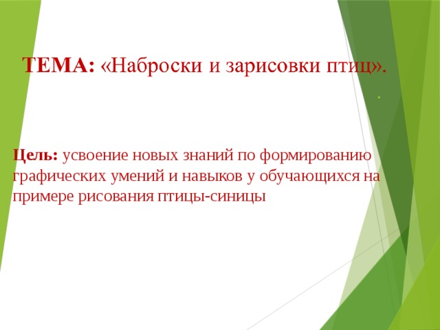 Цель: усвоение новых знаний по формированию графических умений и навыков у обучающихся на примере рисования птицы - синицы 