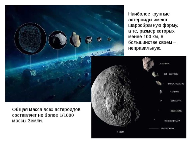 Наиболее крупные астероиды имеют шарообразную форму, а те, размер которых менее 100 км, в большинстве своем – неправильную. Общая масса всех астероидов составляет не более 1/1000 массы Земли. 