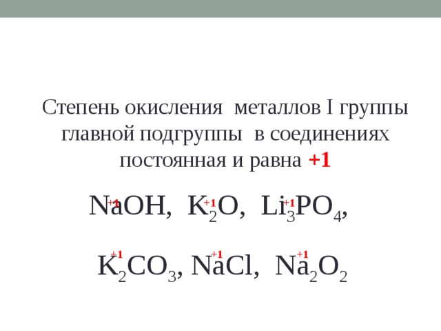 Степень окисления металлов I группы главной подгруппы в соединениях постоянная и равна +1 NaOH, K 2 O, Li 3 PO 4 ,  K 2 CO 3 , NaCl, Na 2 O 2 +1 +1 +1 +1 +1 +1  