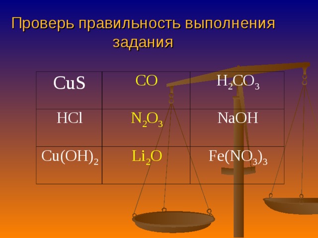 Проверь правильность выполнения задания CuS CO HCl H 2 CO 3 N 2 O 3 Cu ( OH ) 2 Li 2 O NaOH Fe ( NO 3 ) 3 