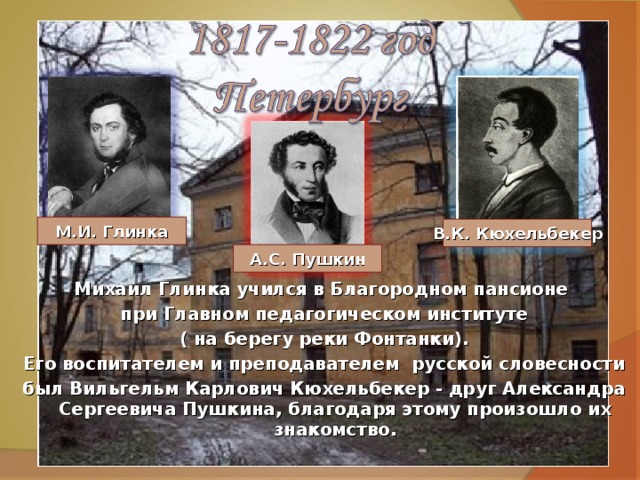 М.И. Глинка В.К. Кюхельбекер А.С. Пушкин Михаил Глинка учился в Благородном пансионе при Главном педагогическом институте ( на берегу реки Фонтанки).  Его воспитателем и преподавателем русской словесности был Вильгельм Карлович Кюхельбекер - друг Александра Сергеевича Пушкина, благодаря этому произошло их знакомство.  