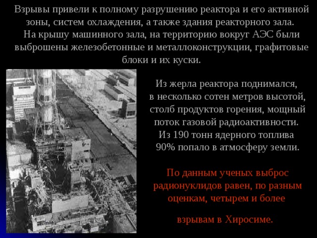 Взрывы привели к полному разрушению реактора и его активной зоны, систем охлаждения, а также здания реакторного зала. На крышу машинного зала, на территорию вокруг АЭС были выброшены железобетонные и металлоконструкции, графитовые блоки и их куски. Из жерла реактора поднимался,  в несколько сотен метров высотой, столб продуктов горения, мощный поток газовой радиоактивности.  Из 190 тонн ядерного топлива  90% попало в атмосферу земли.   По данным ученых выброс радионуклидов равен, по разным оценкам, четырем и более  взрывам в Х иросиме.  