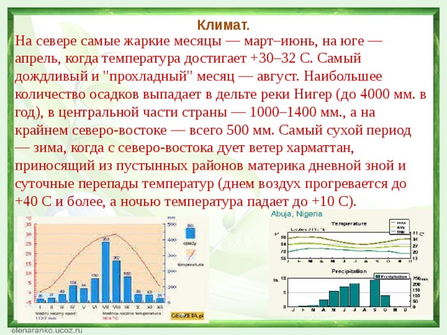 Климат. На севере самые жаркие месяцы — март–июнь, на юге — апрель, когда температура достигает +30–32 C. Самый дождливый и 