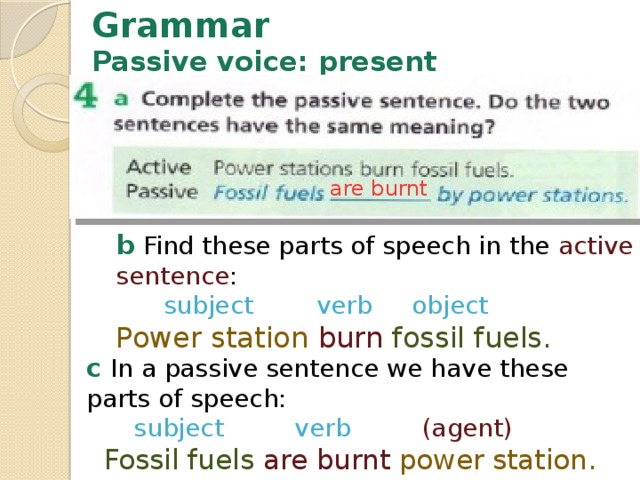 Grammar  Passive voice: present are burnt b Find these parts of speech in the active sentence :  subject verb object Power station  burn fossil fuels. c In a passive sentence we have these parts of speech:  subject verb (agent)  Fossil fuels  are burnt power station. 