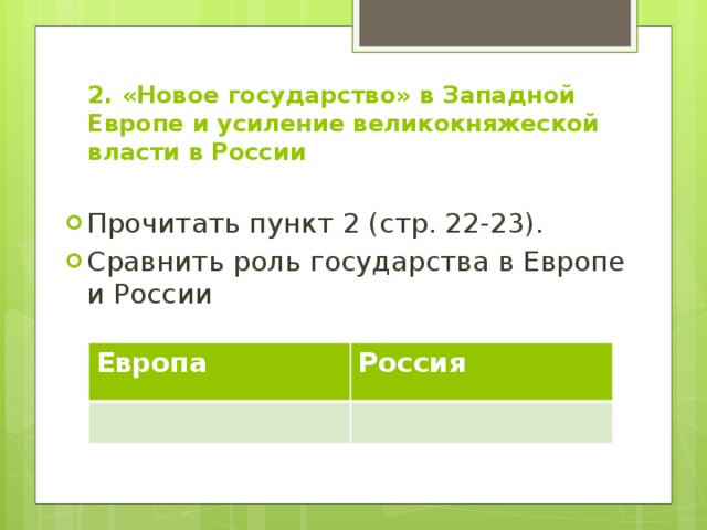 2. «Новое государство» в Западной Европе и усиление великокняжеской власти в России Прочитать пункт 2 (стр. 22-23). Сравнить роль государства в Европе и России Европа Россия 
