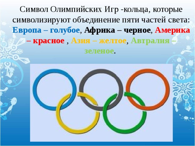 Символ Олимпийских Игр -кольца, которые символизируют объединение пяти частей света: Европа – голубое , Африка – черное , Америка – красное , Азия – желтое , Автралия – зеленое . 