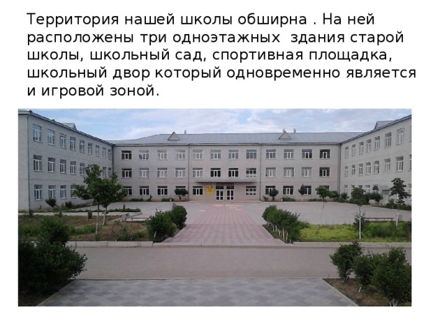 Территория нашей школы обширна . На ней расположены три одноэтажных здания старой школы, школьный сад, спортивная площадка, школьный двор который одновременно является и игровой зоной. 
