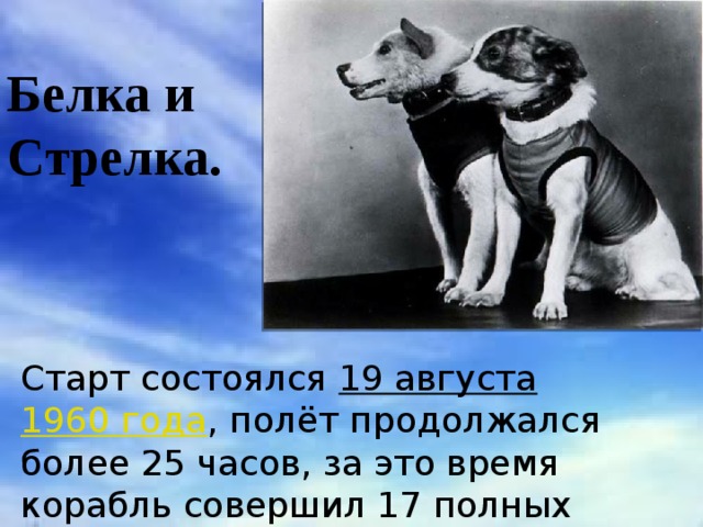 Белка и Стрелка.  Старт состоялся  19 августа   1960 года , полёт продолжался более 25 часов, за это время корабль совершил 17 полных витков вокруг Земли. 
