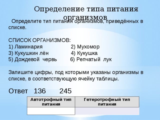 Определите тип питания организмов, приведённых в списке.   СПИСОК ОРГАНИЗМОВ: 1) Ламинария 2) Мухомор 3) Кукушкин лён 4) Кукушка 5) Дождевой червь 6) Репчатый лук   Запишите цифры, под которыми указаны организмы в списке, в соответствующую ячейку таблицы.   Ответ 136 245   Определение типа питания организмов Автотрофный тип питания Гетеротрофный тип питания 