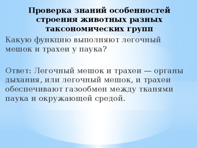 Проверка знаний особенностей строения животных разных таксономических групп Какую функцию выполняют легочный мешок и трахеи у паука? Ответ: Легочный мешок и трахеи — органы дыхания, или легочный мешок, и трахеи обеспечивают газообмен между тканями паука и окружающей средой. 