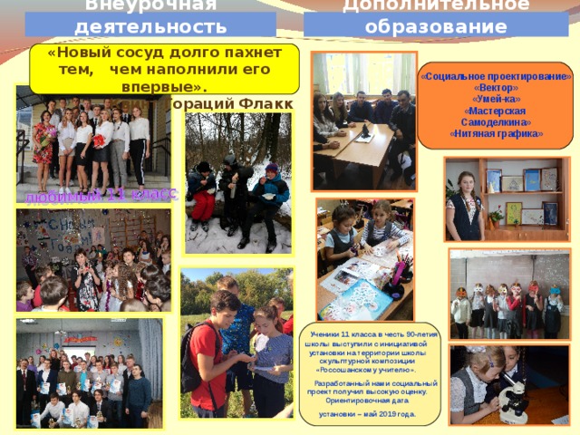 Внеурочная деятельность Дополнительное образование «Новый сосуд долго пахнет тем, чем наполнили его впервые». Квинт Гораций Флакк «Социальное проектирование» «Вектор» «Умей-ка» «Мастерская Самоделкина» «Нитяная графика»  Ученики 11 класса в честь 90-летия школы выступили с инициативой установки на территории школы скульптурной композиции «Россошанскому учителю».  Разработанный нами социальный проект получил высокую оценку. Ориентировочная дата установки – май 2019 года. 