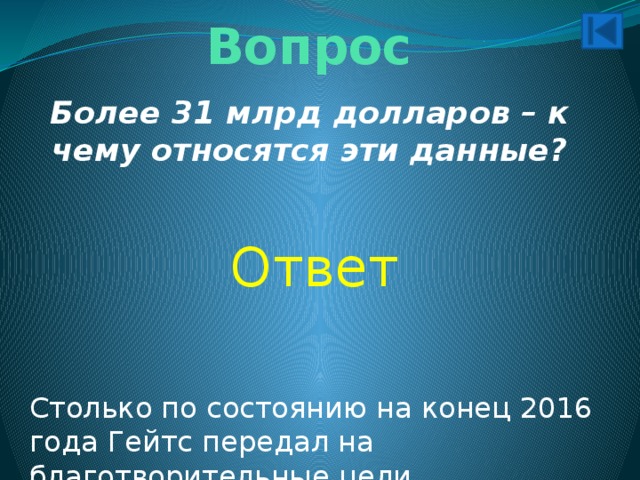 Вопрос Более 31 млрд долларов – к чему относятся эти данные? Ответ Столько по состоянию на конец 2016 года Гейтс передал на благотворительные цели. 
