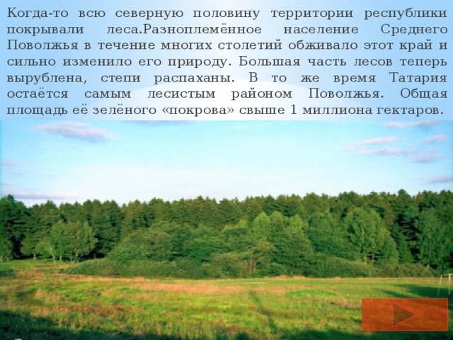 Когда-то всю северную половину территории республики покрывали леса.Разноплемённое население Среднего Поволжья в течение многих столетий обживало этот край и сильно изменило его природу. Большая часть лесов теперь вырублена, степи распаханы. В то же время Татария остаётся самым лесистым районом Поволжья. Общая площадь её зелёного «покрова» свыше 1 миллиона гектаров. 