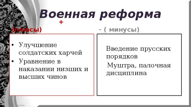 Военная реформа  + (плюсы) - ( минусы) Улучшение солдатских харчей Уравнение в наказании низших и высших чинов   Введение прусских порядков  Муштра, палочная дисциплина  