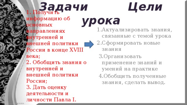 Задачи Цели урока 1. Получить информацию об основных направлениях внутренней и внешней политики России в конце XVIII века; 2. Обобщить знания о внутренней и внешней политики России; 3. Дать оценку деятельности и личности Павла I. 1.Актуализировать знания, связанные с темой урока 2.Сформировать новые знания  3.Организовать применение знаний и умений на практике  4.Обобщить полученные знания, сделать вывод.   