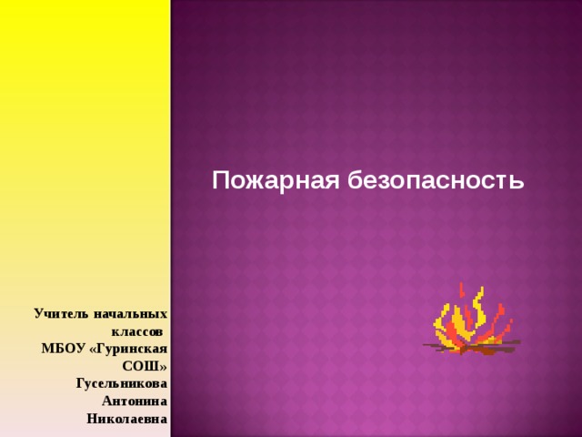 Пожарная безопасность Учитель начальных классов МБОУ «Гуринская СОШ» Гусельникова Антонина Николаевна 