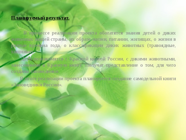 Планируемый результат.  В процессе реализации проекта обогатятся знания детей о диких животных нашей страны, их образе жизни, питании, жилищах, о жизни в разные времена года, о классификации диких животных (травоядные, хищники).  Дети познакомятся с Красной книгой России, с дикими животными, занесенными в Красную книгу. Получат представление о том, для чего созданы заповедники.  В итоге реализации проекта планируется создание самодельной книги «Заповедники России». 