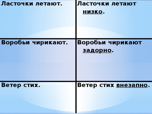 Ласточки летают. Ласточки летают низко . Воробьи чирикают.     Воробьи чирикают задорно . Ветер стих.     Ветер стих внезапно .  