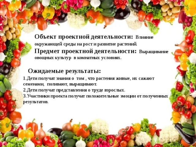 Объект проектной деятельности:  Влияние окружающей среды на рост и развитие растений. Предмет проектной деятельности: Выращивание овощных культур в комнатных условиях.  Ожидаемые результаты: 1.Дети получат знания о том , что растения живые, их сажают семенами, поливают, выращивают. 2.Дети получат представления о труде взрослых. 3.Участники проекта получат положительные эмоции от полученных результатов. 
