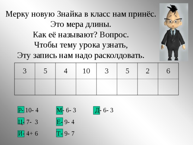 Мерку новую Знайка в класс нам принёс.  Это мера длины.  Как её называют? Вопрос.  Чтобы тему урока узнать,  Эту запись нам надо расколдовать. 3 5 4 10 3 5 2 6 Р- 10- 4  М- 6- 3  Д- 6- 3 Ц- 7- 3  Е- 9- 4  И- 4+ 6  Т- 9- 7  