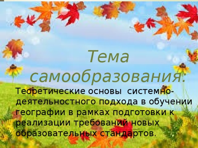 Тема самообразования: Теоретические основы системно-деятельностного подхода в обучении географии в рамках подготовки к реализации требований новых образовательных стандартов. 